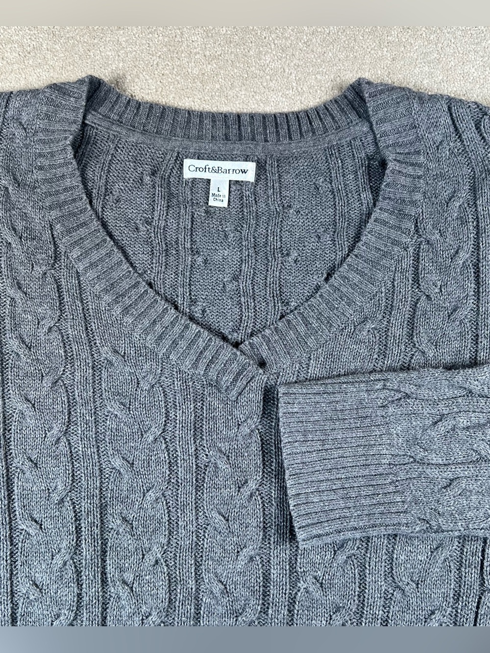 Croft & Barrow Sweater Gray V Neck Long Sleeve Cable Knit 100% Cotton Women's Lg
